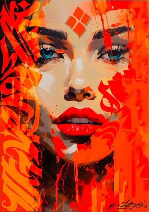 Portrait digital d'une femme aux yeux bleus dans des tons orange vif, entourée de calligraphie arabe
