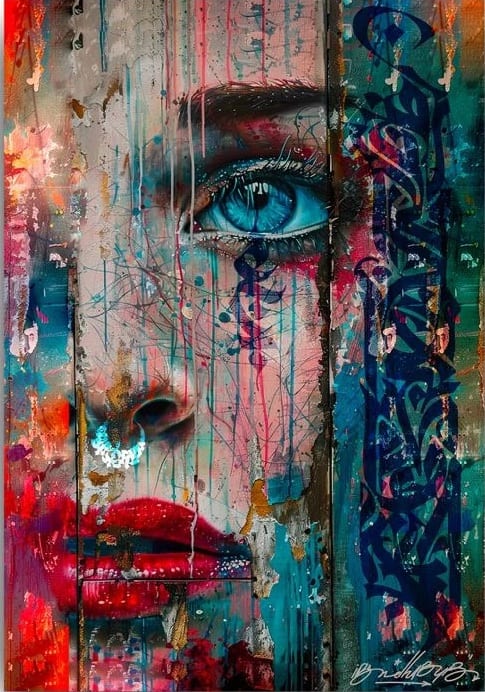 Portrait digital en gros plan d'un œil bleu et de lèvres rouges, coulures colorées et calligraphie bleue